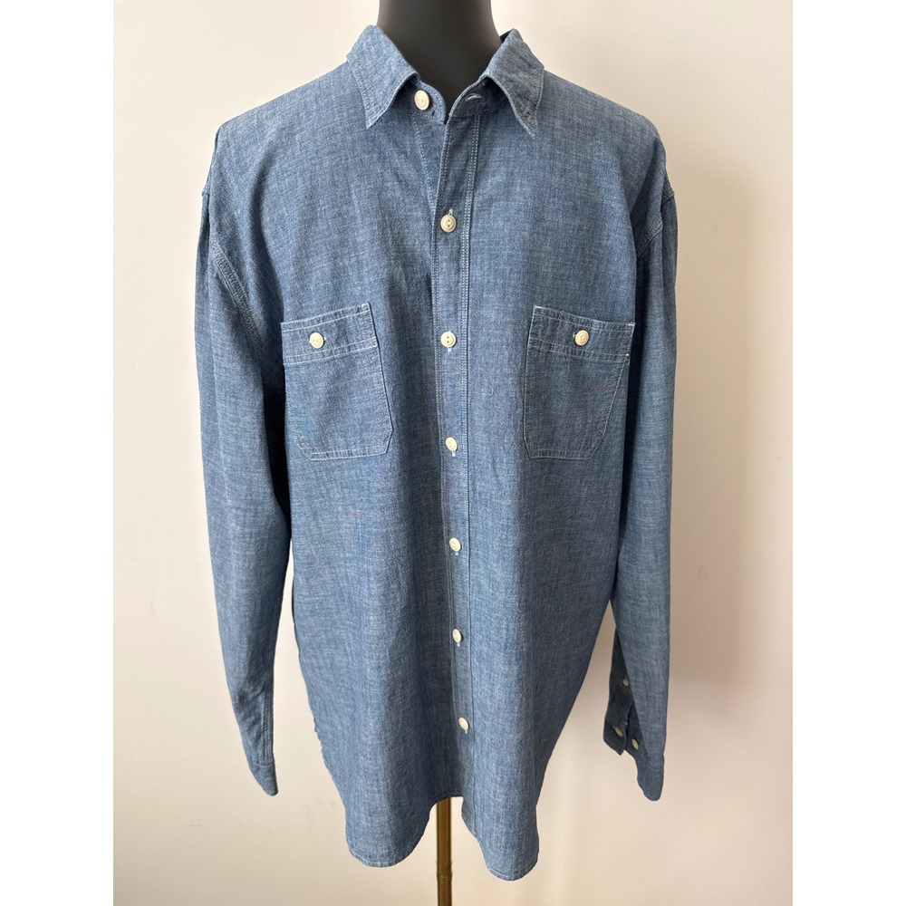True Craft Mens XL Chambray Button Down Shirt Blue Long Sleeve Dual Pocket